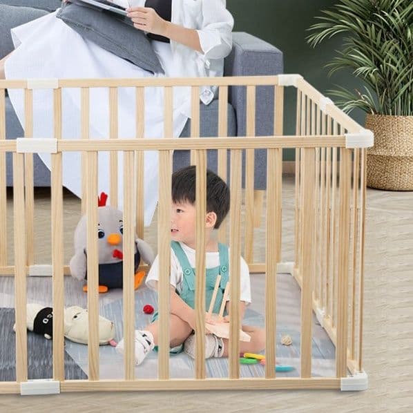 天然木製縦格子ベビーサークル拡張可能大型