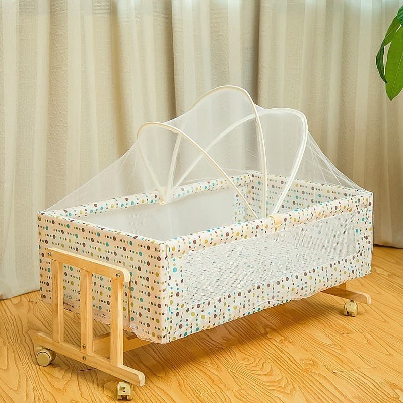 ベビーサークル 蚊帳付き木製揺りかご移動式ミニベッド